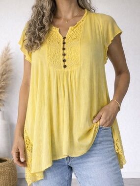 OneWorld Boho Broomstick Lace Inset Handkerchief Hem Blouse Yellow XL